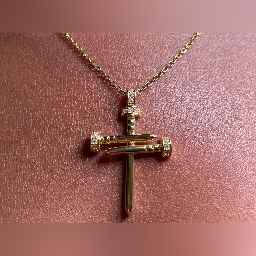 Gold-Plated Nails and Cross Pendant Necklace